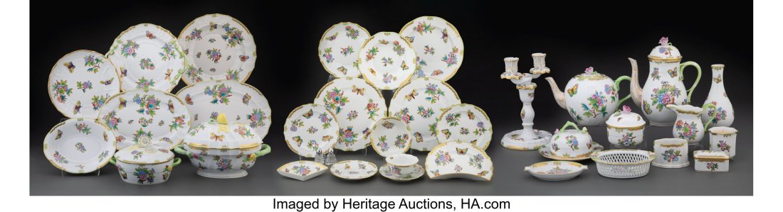 A Married One Hundred Thirty-One-Piece Herend Qu: A Married One Hundred Thirty-One-Piece Herend Queen Victoria Pattern Partial Gilt Porcelain Service, designed 1851 Marks: HEREND HUNGARY, HANDPAINTED (various) 9 x 12 x 8-1