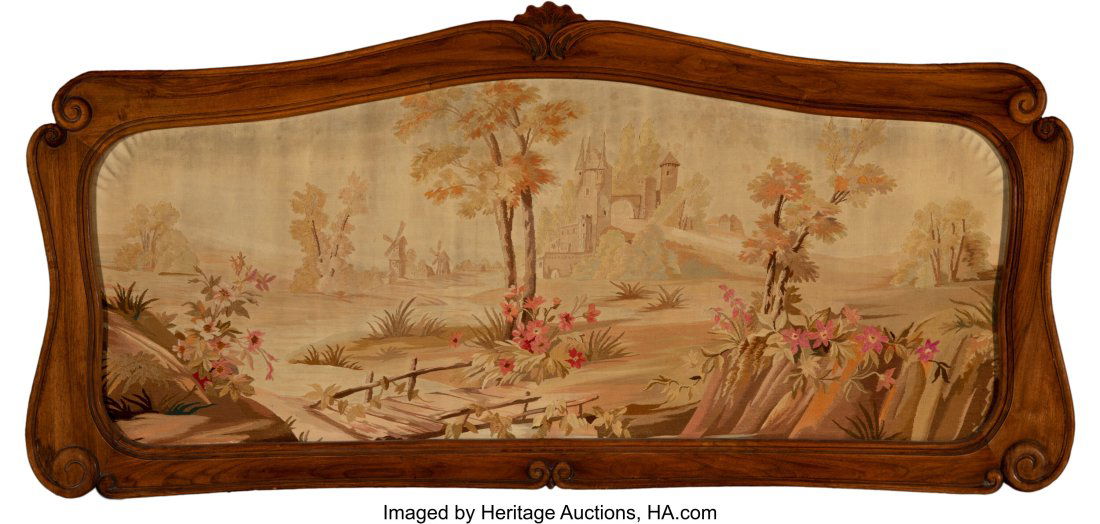 A Carved Wood Headboard with Inset Aubusson Tape: A Carved Wood Headboard with Inset Aubusson Tapestry, 19th century 33-3/4 x 74 x 1-1/2 inches (85.7 x 188.0 x 3.8 cm) Property from the Estate of Clare Kel