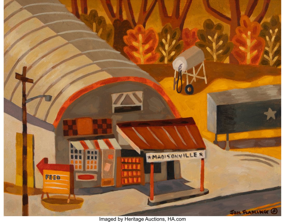 Jon Flaming (American, b. 1962) Madisonville Oil: Jon Flaming (American, b. 1962) Madisonville Oil on canvas 28 x 21-7/8 inches (71.1 x 55.6 cm) Signed lower right: Jon Flaming PROVENANCE&colon