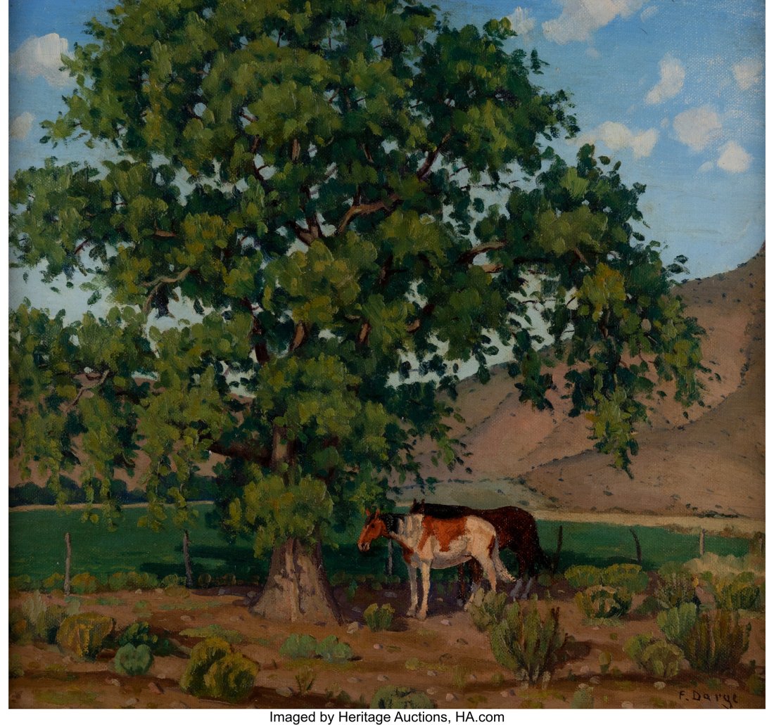 Fred Darge (American, 1900-1978) The Cotton Wood: Fred Darge (American, 1900-1978) The Cotton Wood Oil on canvasboard 11 x 11-3/4 inches (27.9 x 29.8 cm) Signed lower right: F. Darge Titled on