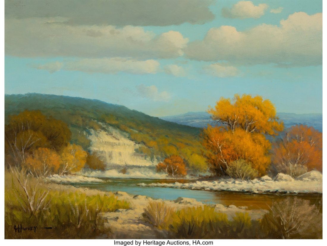 G. Harvey (American, 1933-2017) Changing Elms Al: G. Harvey (American, 1933-2017) Changing Elms Along the Guadalupe River Oil on canvas 18 x 24 inches (45.7 x 61.0 cm) Signed lower left: G. 