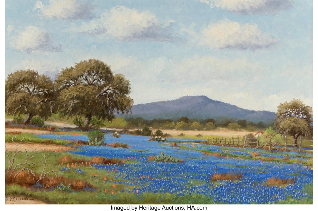 Hugo Alberto Herbeck (American, 1923-2009) Sprin: Hugo Alberto Herbeck (American, 1923-2009) Spring Bluebonnets near Camp Verde, Texas Oil on canvas 24 x 36 inches (61.0 x 91.4 cm) Signed lower left&colon