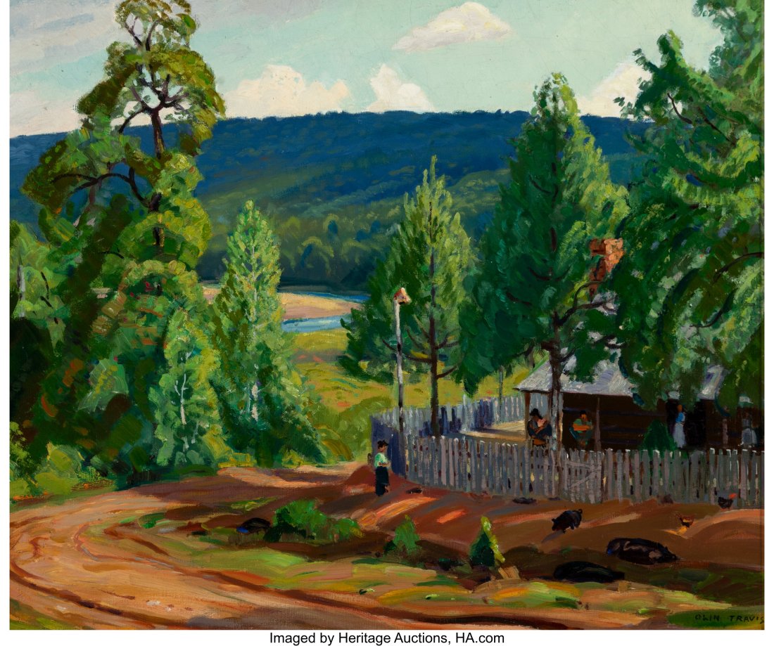 Olin Travis (American, 1888-1975) Sunday Afterno: Olin Travis (American, 1888-1975) Sunday Afternoon at Markham's Cabin Oil on canvas 20 x 24 inches (50.8 x 61.0 cm) Signed lower right: Olin Travis Signed