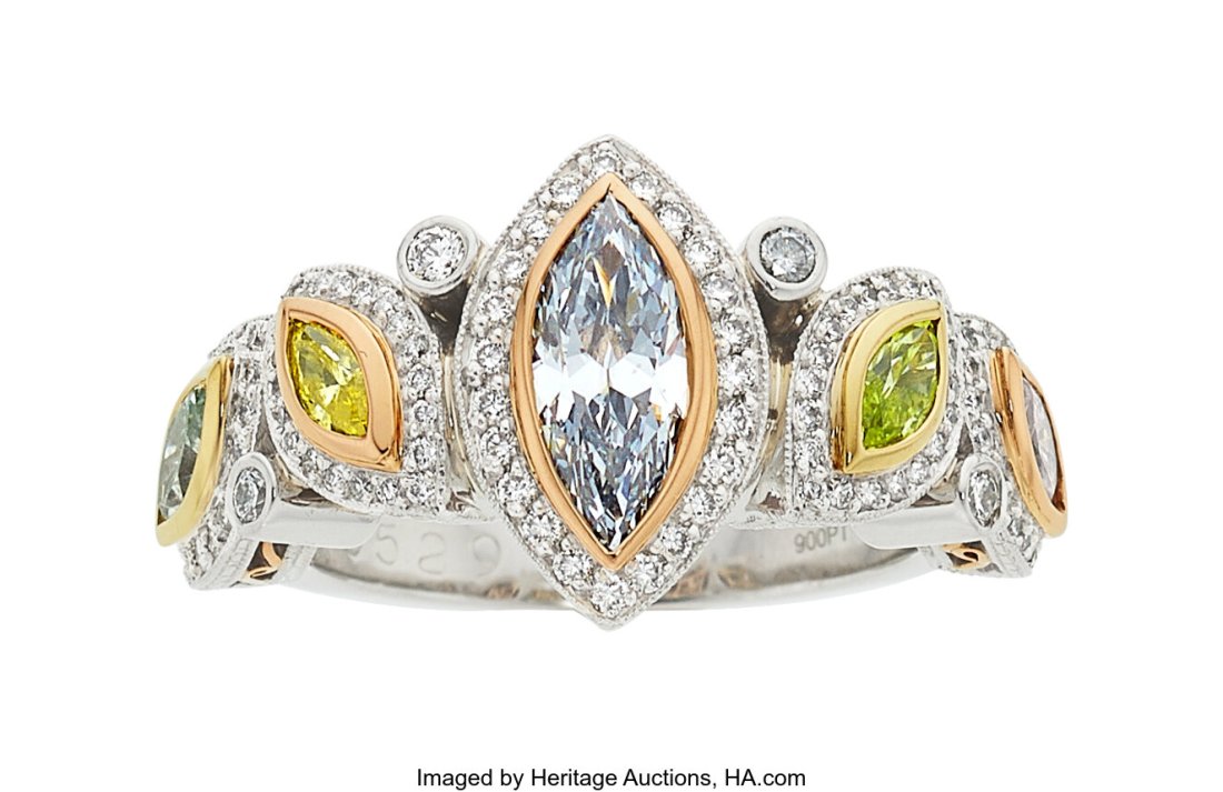 Michael Beaudry Fancy Blue Diamond, Colored Diam: Michael Beaudry Fancy Blue Diamond, Colored Diamond, Diamond, Platinum, Gold Ring Stones: Marquise-shaped blue diamond weighing 0.78 carat; marquise-shaped pi