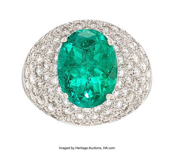 55295: Colombian Emerald, Diamond, White Gold Ring Sto: Colombian Emerald, Diamond, White Gold Ring Stones: Oval-shaped emerald weighing approximately 5.90 carats; full-cut diamonds weighing a total of approximately 2.0