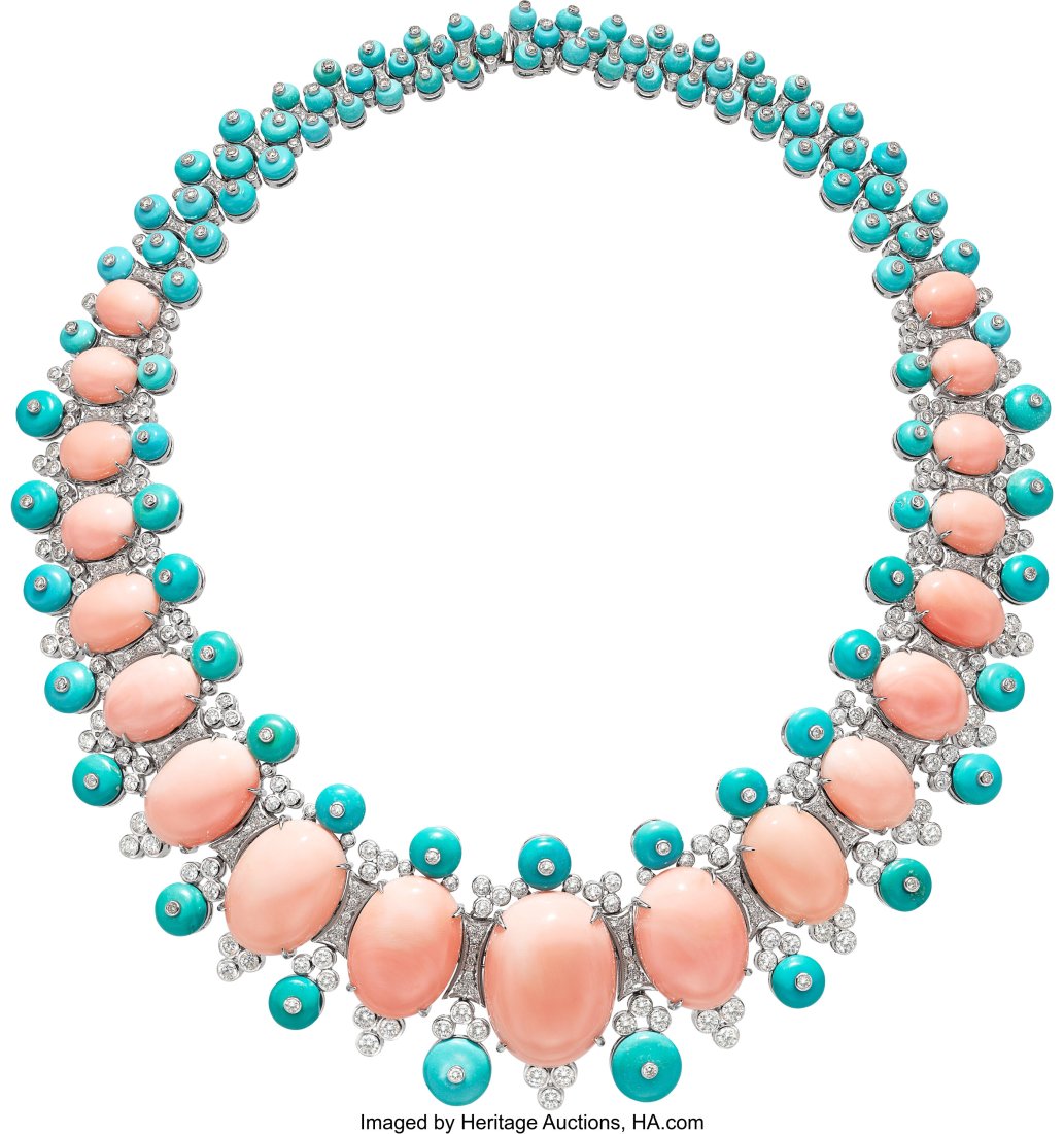 Coral, Turquoise, Diamond, White Gold Necklace (1 of 1)