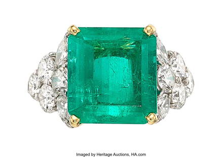55119: Colombian Emerald, Diamond, Gold Ring Stones: E: Colombian Emerald, Diamond, Gold Ring Stones: Emerald-cut emerald weighing approximately 6.45 carats; full-cut diamonds weighing a total of approximately 1.60 cara