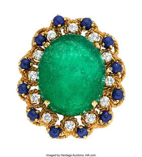 55035: Colombian Emerald, Diamond, Lapis Lazuli, Gold R: Colombian Emerald, Diamond, Lapis Lazuli, Gold Ring Stones: Emerald cabochon; full-cut diamonds weighing a total of approximately 0.80 carat; lapis lazuli cabo