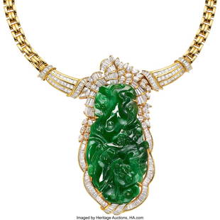 55036: Jadeite Jade, Diamond, Gold Convertible Pendant-: Jadeite Jade, Diamond, Gold Convertible Pendant-Necklace Stones: Carved jadeite jade; baguette-cut diamonds weighing a total of approximately 4.20 carats; marquise-s