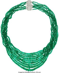 55059: Colombian Emerald, Diamond, White Gold Necklace : Colombian Emerald, Diamond, White Gold Necklace Stones: Emerald beads; full-cut diamonds weighing a total of approximately 1.45 carats Metal: 14k white gold Gross W