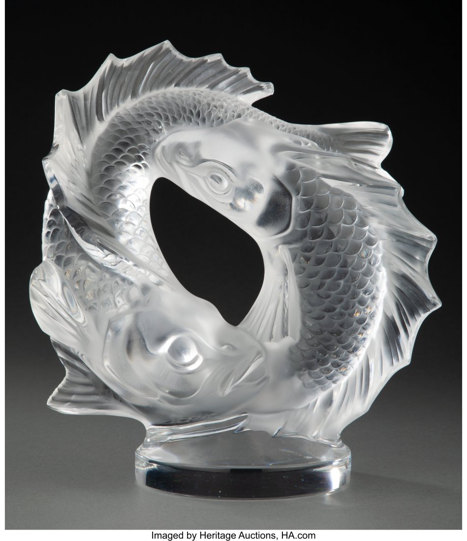 Lalique Clear and Frosted Glass Deux Poissons Sc: Lalique Clear and Frosted Glass Deux Poissons Sculpture, post-1945 Marks: Lalique France 11 x 11 x 5-1/2 inches (27.9 x 27.9 x 14.0 cm) HID03101062020 &c
