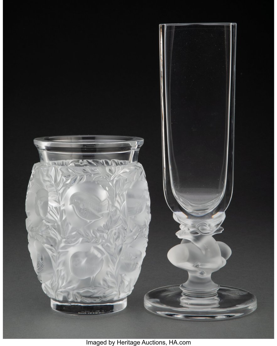 Two Lalique Clear and Frosted Glass Vases, post-: Two Lalique Clear and Frosted Glass Vases, post-1945 Marks: Lalique France 28-1/2 inches (72.4 cm) (tallest) The group comprising: 1 Chiraz; 1 Bag