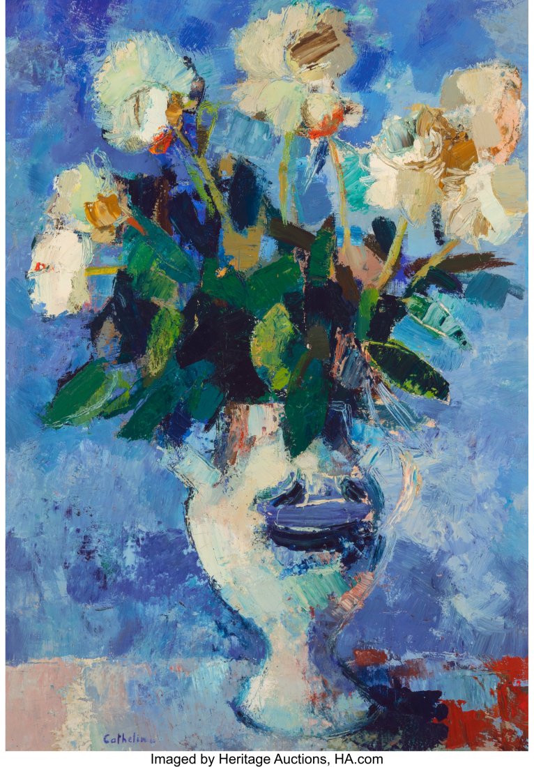 Bernard Cathelin (French, 1919-2004) Pivoines au: Bernard Cathelin (French, 1919-2004) Pivoines au fond blue, 1960 Oil on canvas 36-1/4 x 25-1/2 inches (92.1 x 64.8 cm) Signed and lower left&colon