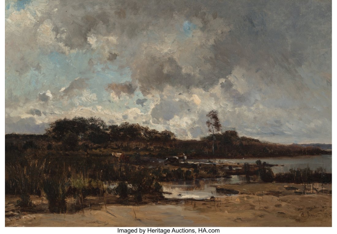 Jean Amédée Baudit (Swiss, 1825-1890) Au bord : Jean Amédée Baudit (Swiss, 1825-1890) Au bord de l'étang Lacanau (reduction), 1878 Oil on canvas 17-1/2 x 25 inches (44.5 x 63&peri