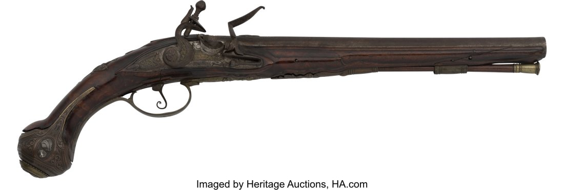 Inscribed 18th Century Italian Antique Flintlock: Inscribed 18th Century Italian Antique Flintlock Pistol. Unserialized, .64 caliber, 12 1/2-inch slight octagonal to round barrel. Top of barrel near muzzle is make