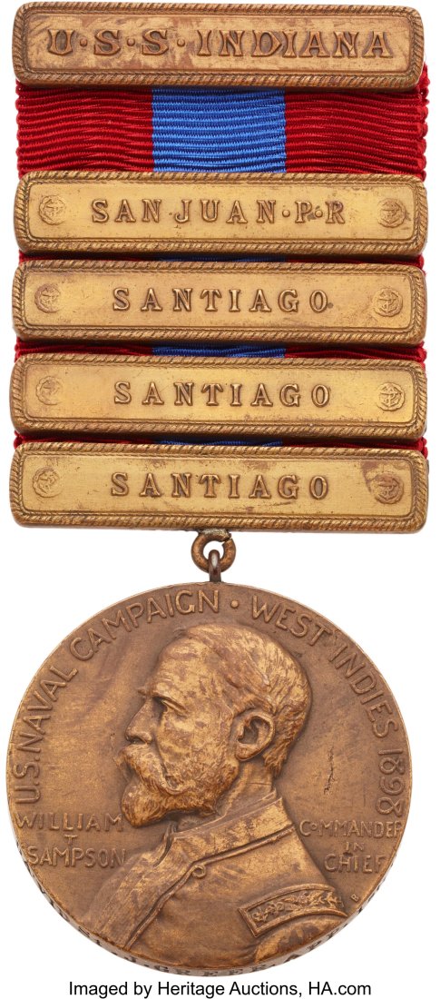 Spanish-American War: Cased West Indies Naval Ca: Spanish-American War: Cased West Indies Naval Campaign Medal (Sampson Medal) Awarded to a Crewman Serving on the USS Indiana. 38 mm, pinback, stamped DAVID St&period