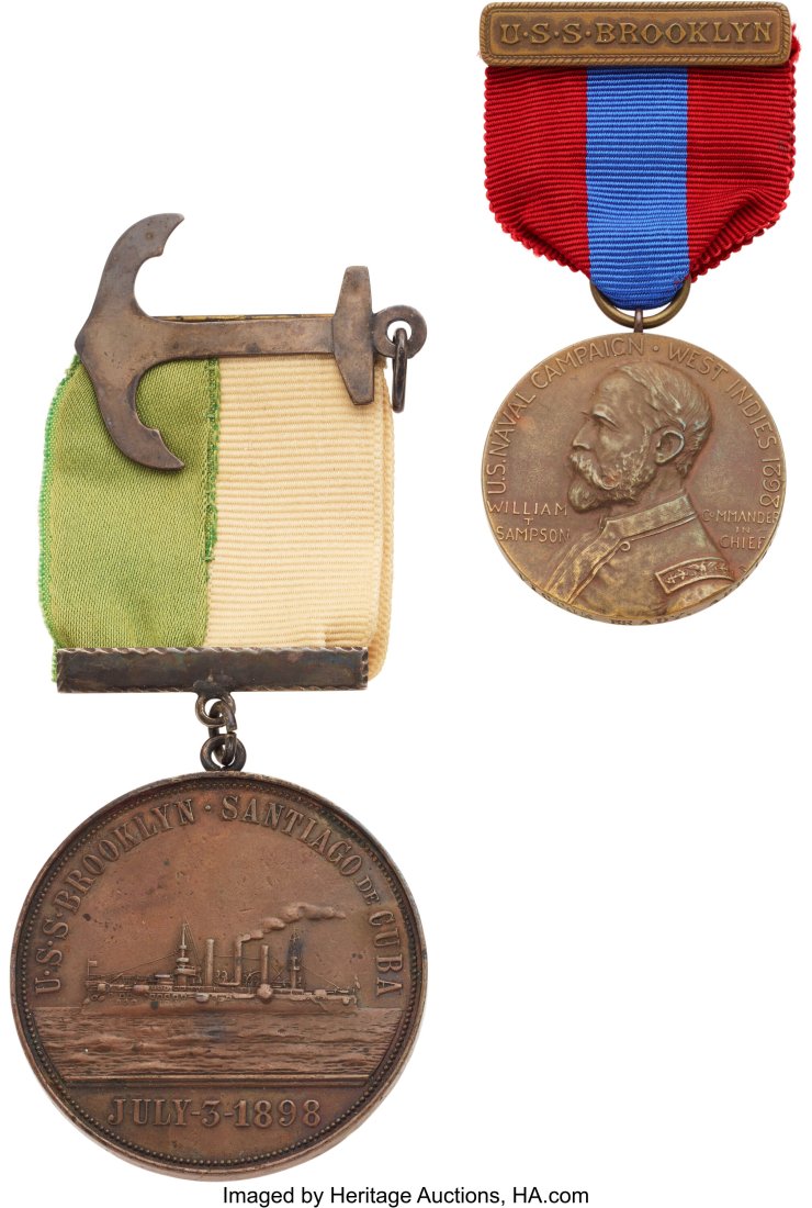 Spanish-American War: Named Sampson Medal and Ci: Spanish-American War: Named Sampson Medal and City of Brooklyn Crew Medal For a Crewman Who Served Aboard the USS Brooklyn. Includes: 1) West Indies Campaign medal (Sampso