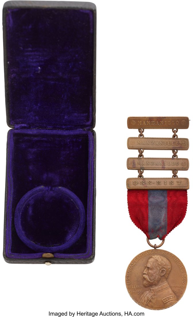 Spanish-American War: Cased West Indies Naval Ca: Spanish-American War: Cased West Indies Naval Campaign Medal (Sampson Medal) Awarded to Edward Wounsch Who Served Aboard the USS Hist. First issue, 38 mm, pinback&co