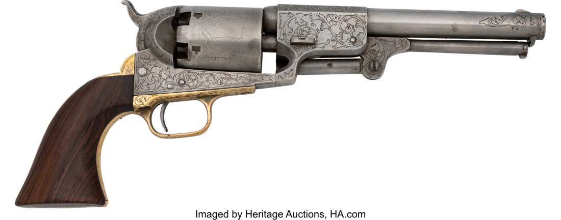 Reproduction, Engraved Colt 3rd Model Dragoon Percu: Reproduction, Engraved Colt 3rd Model Dragoon Percussion Revolver. Serial no. 15641 / E [barrel, frame, triggerguard and butt] [5641 to cylinder], .44 percussion caliber, 7 1/2-inch round barrel with 