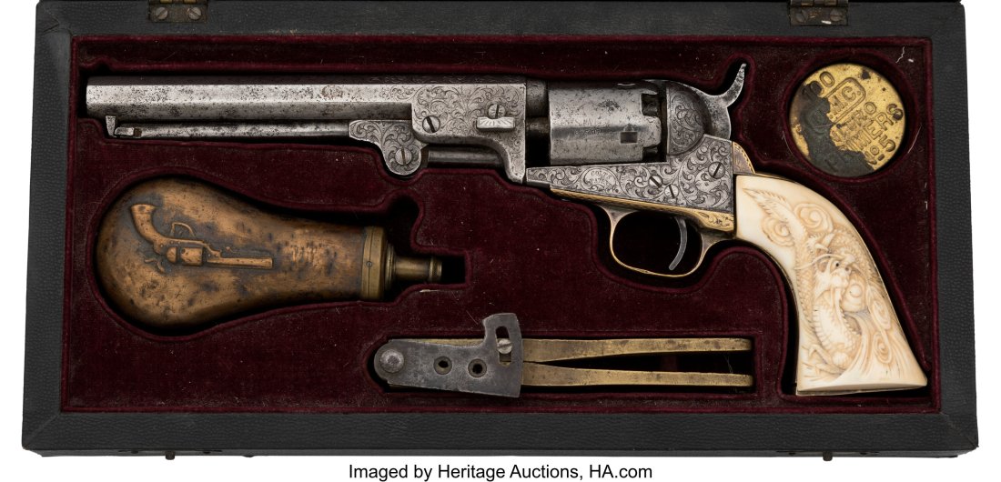 Cased and Engraved Colt Model 1849 Pocket Single: Cased and Engraved Colt Model 1849 Pocket Single Action Revolver. Serial no. 67507 [dot] [barrel, frame, triggerguard, butt and cylinder] wedge 