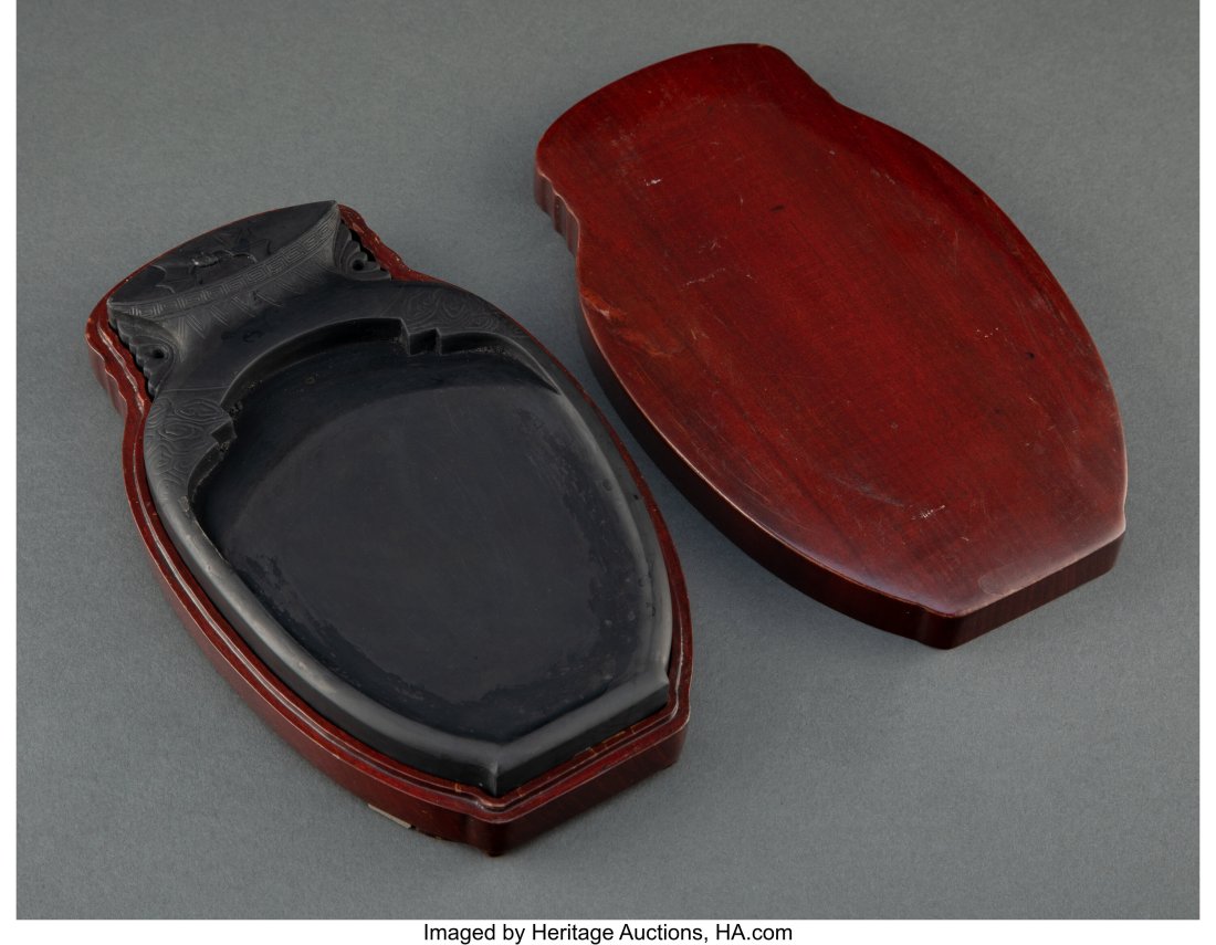 A Chinese Carved Inkstone in Wood Box 1-3/8 x 7-: A Chinese Carved Inkstone in Wood Box 1-3/8 x 7-5/8 x 4-3/4 inches (3.5 x 19.4 x 12.1 cm) (wood box) HID03101062020 © 2023 Heritage Auctions &