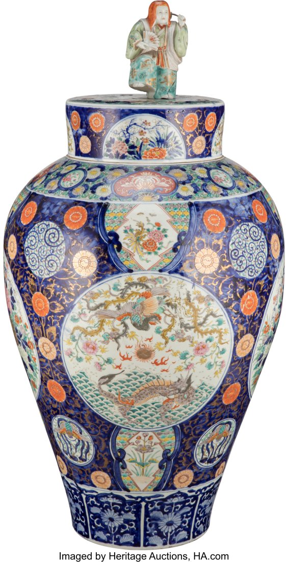 A Large Japanese Imari Covered Jar, Meiji Period: A Large Japanese Imari Covered Jar, Meiji Period 32-5/8 x 14-5/8 x 14-5/8 inches (83 x 37 x 37 cm) (overall) HID03101062020 © 2023 Heritage Auctions | A