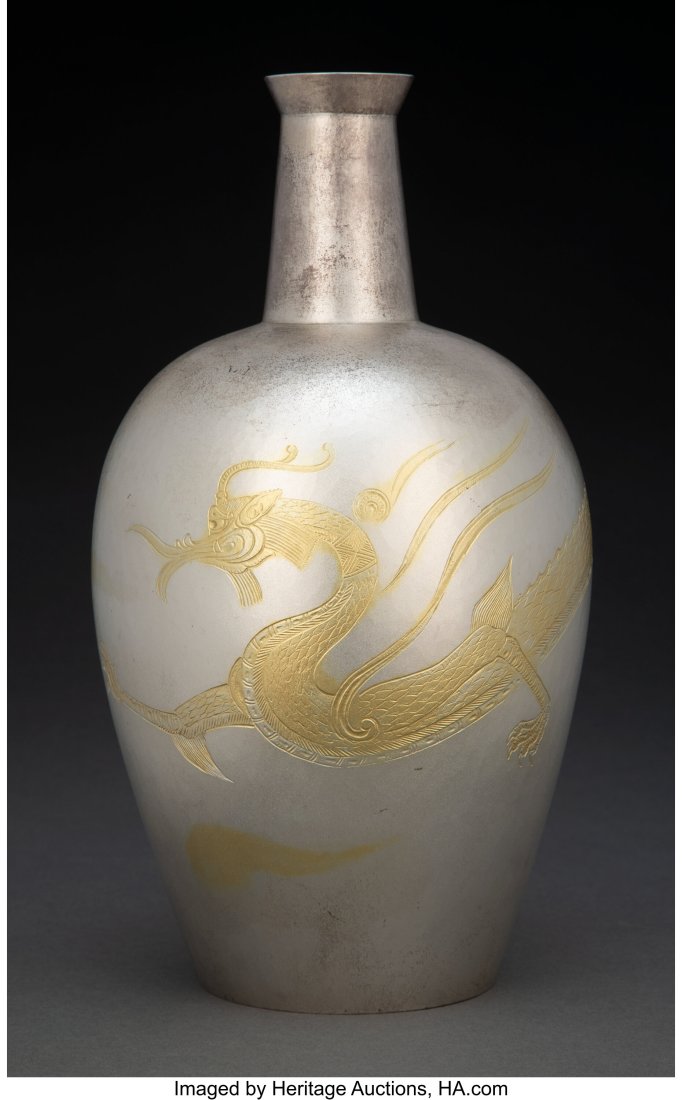 A Japanese Partial Gilt Silver Dragon Vase Marks (1 of 3)
