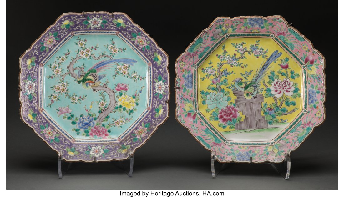 Two Japanese Chargers Marks to purple: makers ma: Two Japanese Chargers Marks to purple: makers mark to underside Marks to pink: NIPPON, two-character marks to underside 16-7/8 x 16-7/8 x 2-3/8 inches (43 x 43 x 6 c