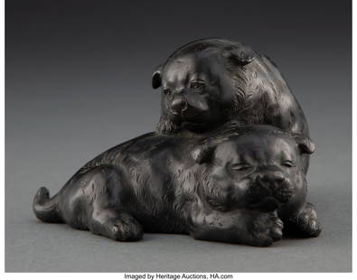 25213: A Japanese Bronze Puppies Figural Group, Meiji P: A Japanese Bronze Puppies Figural Group, Meiji Period 2-3/4 x 4-5/8 x 4-1/4 inches (7.0 x 11.7 x 10.8 cm) HID03101062020 © 2023 Heritage Auctions
