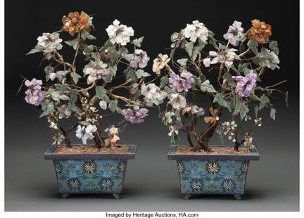 25046: A Pair of Chinese Hardstone Trees in Cloisonné : A Pair of Chinese Hardstone Trees in Cloisonné Planters 20-1/2 x 13-3/8 x 8-5/8 inches (52 x 34 x 22 cm) (each) HID03101062020 © 2023 Heritage Auctions &ver