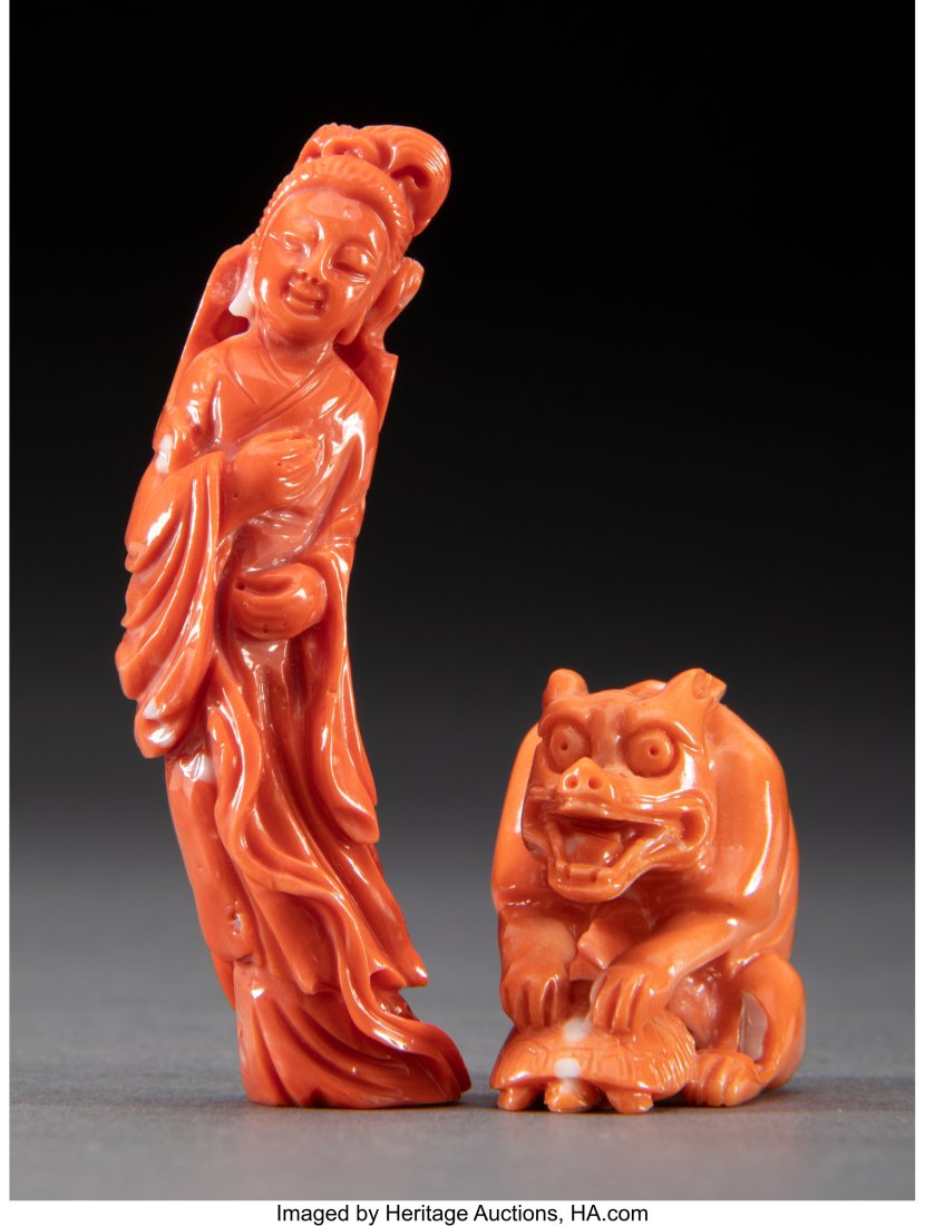 Two Chinese Carved Red Coral Figures Marks to on (1 of 3)