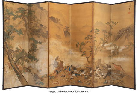 25228: A Japanese Six Panel Folding Screen Marks: one r: A Japanese Six Panel Folding Screen Marks: one red seal 55-1/4 x 100-1/2 inches (140.3 x 255.3 cm) (overall) HID03101062020 © 2023 Heritage Auction