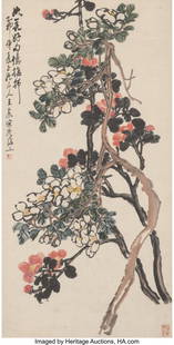 25137: Wang Zhen (Chinese, 1867-1938) Flowers, 1915 Ink: Wang Zhen (Chinese, 1867-1938) Flowers, 1915 Ink and color on paper 38 x 19-3/8 inches (96.5 x 49.2 cm) (work) 81-1/4 x 24-1/2 inche