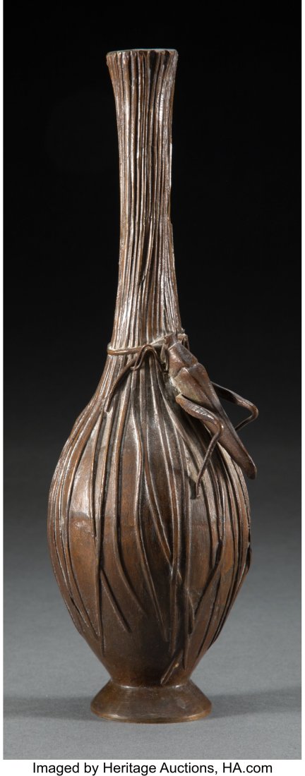A Japanese Patinated Bronze Vase with Cricket 10: A Japanese Patinated Bronze Vase with Cricket 10-5/8 x 3-1/2 inches (27.0 x 8.9 cm) HID03101062020 © 2023 Heritage Auctions | All Rights Reserved