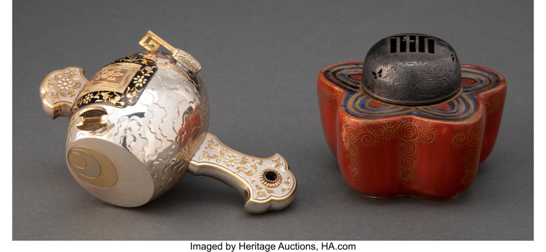 A Japanese Silver and Porcelain Censer and a Jap: A Japanese Silver and Porcelain Censer and a Japanese Partial Gilt Silver Daikoku's Mallet Marks: two-character mark (each) 2-3/4 x 3-1/2 inches (7.0 x 8.9 c