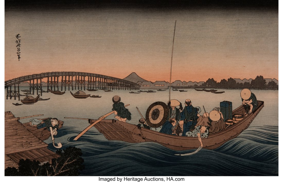 Katsushika Hokusai (Japanese, 1760-1849) Viewing: Katsushika Hokusai (Japanese, 1760-1849) Viewing the Sunset Over Ryogoku Bridge, from the series Thirty-Six Views of Mt. Fuji Woodblock in colors on wove paper 10-5/8 