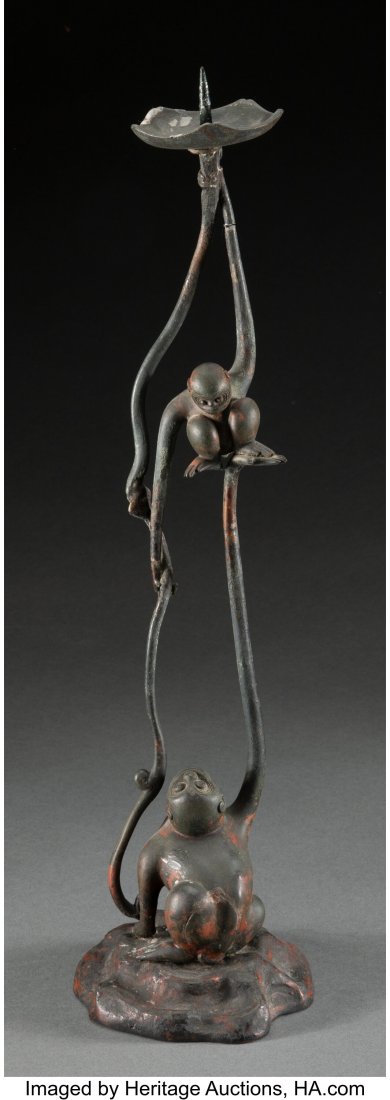 A Japanese Patinated Bronze Monkey-Form Candlest (1 of 2)