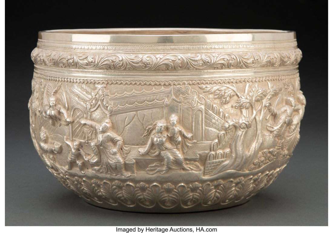 A Burmese Repousse Silver Bowl, circa 1880 Marks (1 of 5)