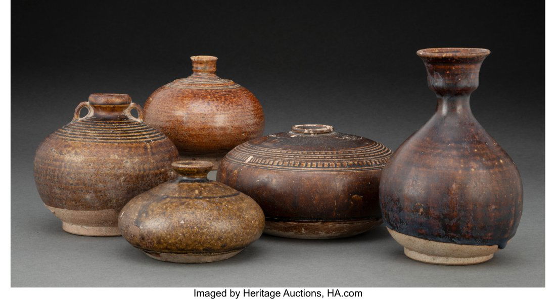 A Group of Five Asian Brown Glazed Vessels 6-3/4 (1 of 3)