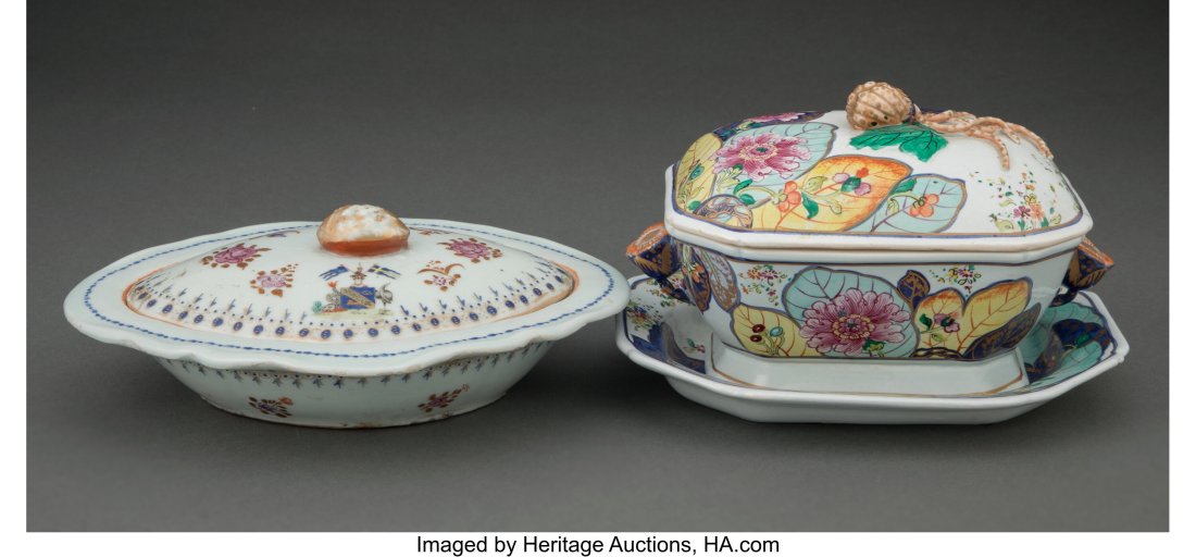 A Collection of Three Chinese Export Porcelain T: A Collection of Three Chinese Export Porcelain Table Articles Marks to two: Lowestoft reproduction created by Mottahedeh design, A Mottahedeh Design, Italy 5-1/8 x 7-7/8 x 4-