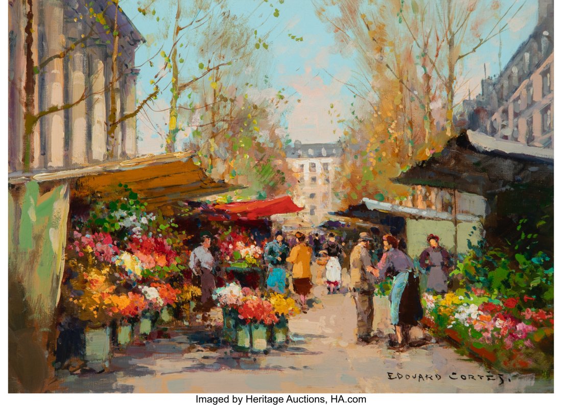 Edouard-Léon Cortès (French, 1882-1969) Marché aux fleurs de la Madeleine, 1954: Edouard-Léon Cortès (French, 1882-1969) Marché aux fleurs de la Madeleine, 1954 Oil on canvas 13 x 18 inches (33.0 x 45.7 cm) Signed lower right: Edouard Cortès. With artist's copyright stamp on t