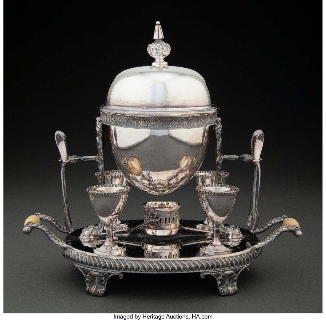 A Walker & Hall Silver-Plated Egg Set, Sheffield: A Walker & Hall Silver-Plated Egg Set, Sheffield, England, circa 1900 Marks: (W&H flag), (phi), 51262A, WALKER & HALL, S