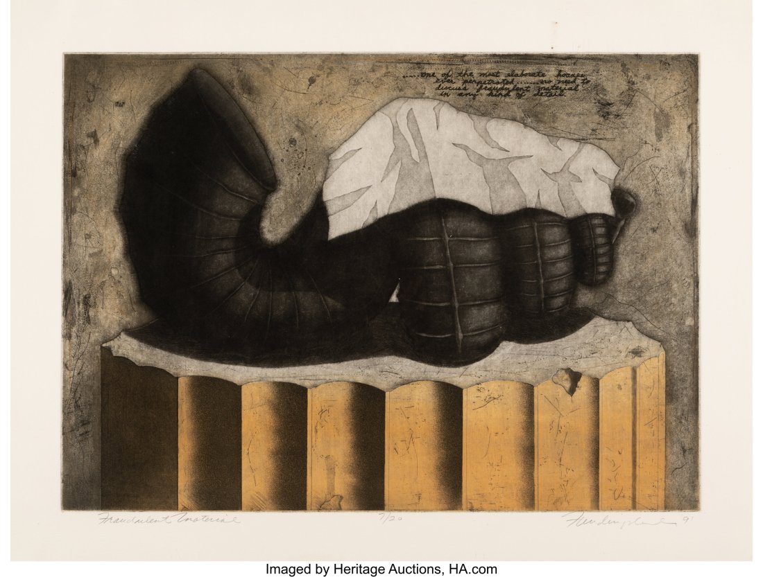 Ron Fundingsland (American, b. 1947) Natura; Fra: Ron Fundingsland (American, b. 1947) Natura; Fraudulent Material (two works), One dated 1991 Etchings with aquatint in colors on wove paper 21-1/4 x 28 