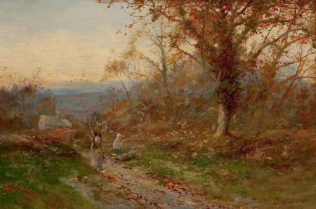 DAVID BATES (British, 1840-1921) Gathering Brush: DAVID BATES (British, 1840-1921)Gathering BrushwoodOil on canvas16 x 24