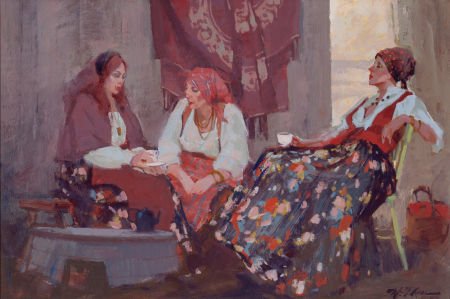WILLIAM FOSTER REESE (American, b. 1938) Women H: WILLIAM FOSTER REESE (American, b. 1938) Women Having Tea, 1987 Oil on panel<