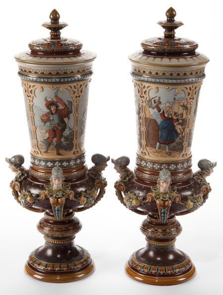 A PAIR OF METTLACH EARTHENWARE COVERED VASES Me: A PAIR OF METTLACH EARTHENWARE COVERED VASES Mettlach, Germany, circa 1900Marks: