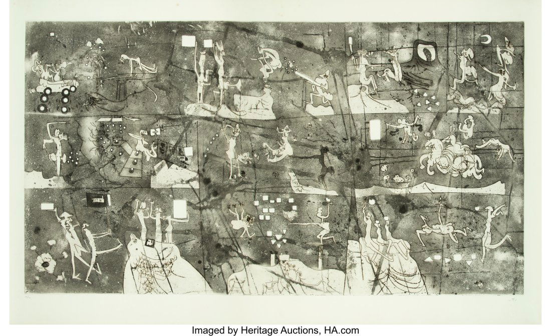 Roberto Matta (Chilean, 1911-2002) La une à l'h: Roberto Matta (Chilean, 1911-2002) La une à l'h pile, 1969 Etching and aquatint with embossing on wove paper 37-1/4 x 58-3/4 inches (94.6 x 149.2 cm) (sheet) Ed. 13/40 Signed and editioned in pencil