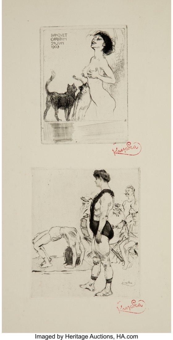 František Kupka (Czech, 1871-1957) Akrobatke; B: František Kupka (Czech, 1871-1957) Akrobatke; Banquet Carabin, 1903 Etchings with aquatint on wove paper 17-3/4 x 9-3/4 inches (45.1 x 24.8