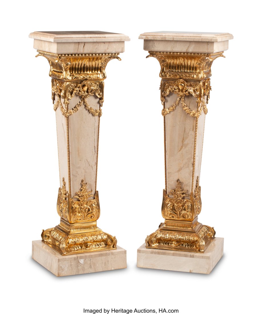 A Pair of French Régence-Style Gilt Bronze-Moun: A Pair of French Régence-Style Gilt Bronze-Mounted Marble Pedestals 50 x 16-1/2 x 16-1/2 inches (127 x 41.9 x 41.9 cm) (each) HID03101062020 © 2024 Heritage Auctions | All Rights Reserved