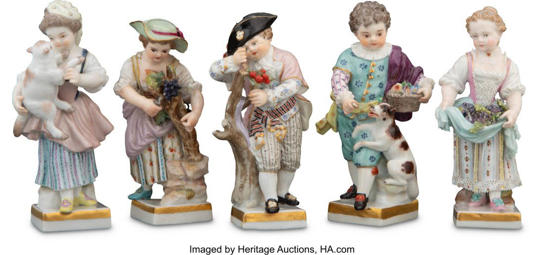 A Collection of Five Meissen Partial Gilt Porcel: A Collection of Five Meissen Partial Gilt Porcelain Figures: Gardners' Children, circa 1900 Modeled by Michel Victor Acier Marks: (crossed swords in blue), (various) 4-1/8 x 1-3/4 x 1-3/4 inches (10.5